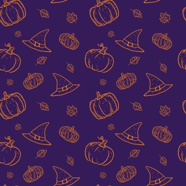 Turuncu balkabakları, cadı şapkaları ve sonbahar yaprakları koyu mor arka planda pürüzsüz elle çizilmiş, Cadılar Bayramı kutlaması.