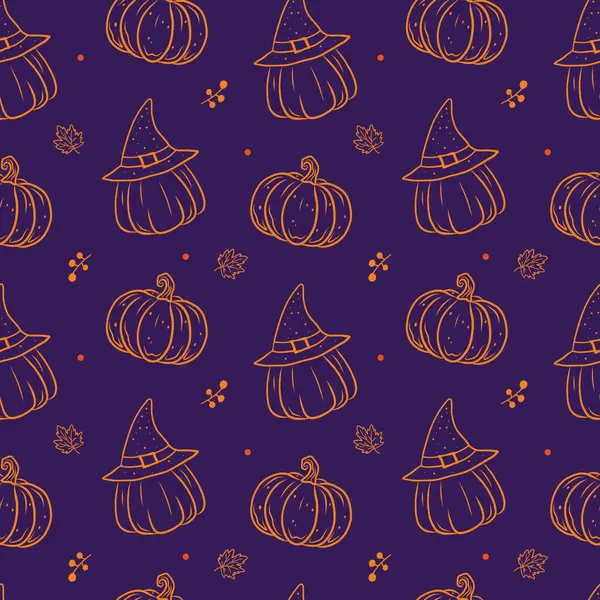 Cadı şapkası, böğürtlen ve koyu arkaplanda elle çizilmiş balkabağı desenleri.