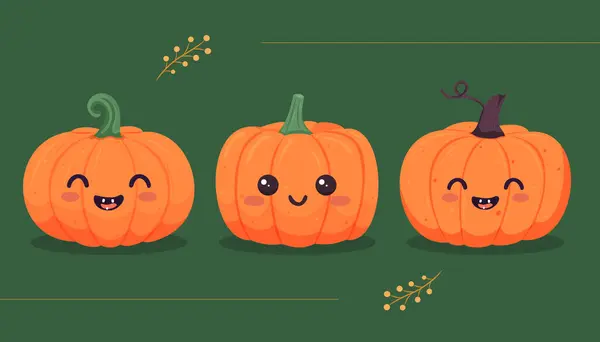 Yeşil arka planda farklı sapları olan sevimli gülümseyen balkabakları.. 