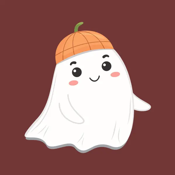 Şirin gülümseyen hayalet, balkabağı şapkalı, kestane rengi arka planı düz..