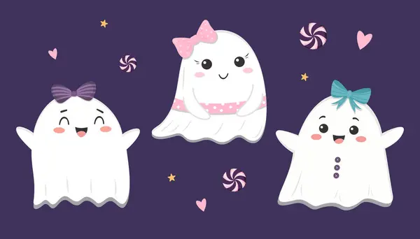 Etrafı şeker ve yıldızlarla çevrili siyah arka planda fiyonkları olan tatlı kız hayaletleri..