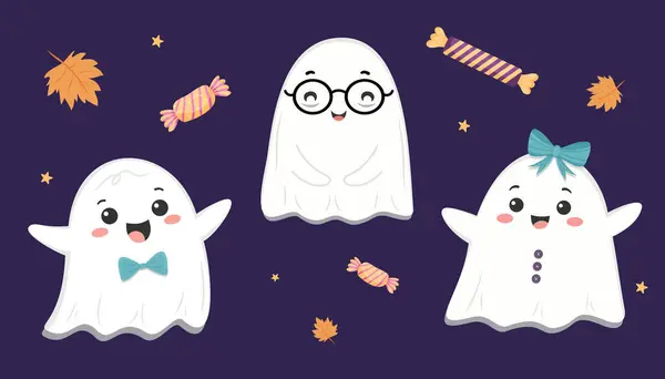 Tatlı hayaletler ve karanlık arka planda sonbahar yaprakları..