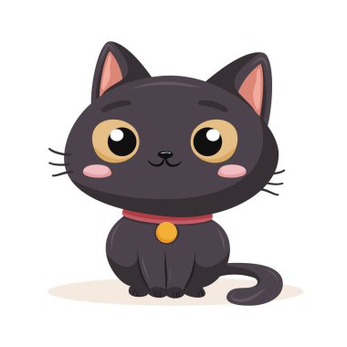 Büyük gözlü, kırmızı yakalı, sevimli siyah kedi.