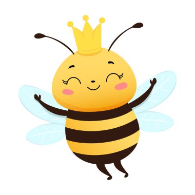 Tacı ve mavi kanatları olan neşeli kraliçe arı mutlu bir şekilde gülümsüyor, renkli düz stil, kraliyet ve mutluluk.