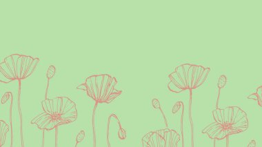 El çizimi pembe gelincikli pastel yeşili arkaplan