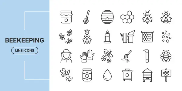 Bal, kovan, arı ve ekipman da dahil olmak üzere arıcılık için minimal çizgi simgeleri koleksiyonu