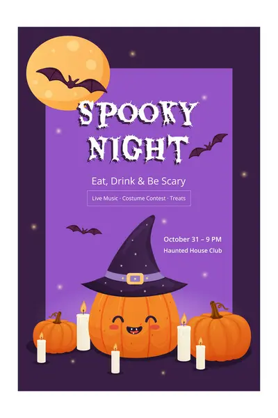 Cadılar Bayramı parti afişi, cadı şapkalı bir balkabağı, yanan mumlar, yarasalar ve mor ay ışığı arka planı. Ürkütücü etkinlik terfisi, kulüp broşürleri ve festival davetiyeleri için harika..