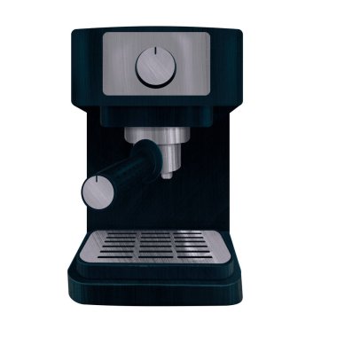 Çağdaş bir espresso makinesi, parlak metal gövdeli, basınç düzenleyici ve iskele filtresi var. Kahve çizimlerinden izole et. Ev mutfakları, kafeler ve kahve dükkanları için mükemmel..