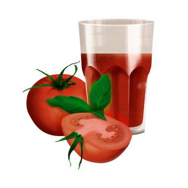 Olgun domates ve fesleğen yapraklarıyla birlikte domates suyuyla dolu bir bardak. Taze meyve suyu promosyonları, sağlıklı yaşam tarzı görselleri ya da yemekle ilgili yaratıcı projeler için mükemmel..