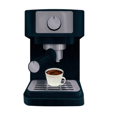 Kahve fincanlı modern espresso makinesi. Kafe markaları, alet reklamları, ambalaj, bloglar ve ürün odaklı tasarımlarda mutfak içi görseller için ideal.