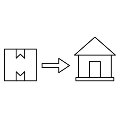ambalaj kutusu simgesi tasarımı, beyaz arkaplan üzerinde siyah renk çizgisi tarzıyla evi gösteren ok ile