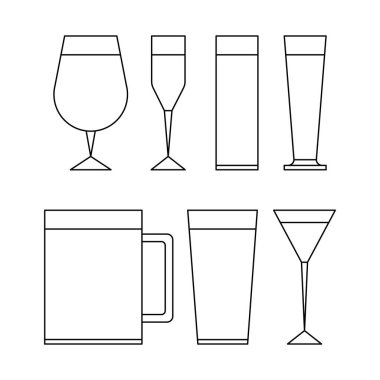 Bar, kafe ya da restoran için çeşitli cam bardaklara sahip ikon tasarımı beyaz arkaplanda sıra sıra sanat tarzında