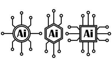 Yapay zeka çipinin beyaz zemin üzerinde çizgi sanatı tarzıyla farklı şekilli simge tasarımı
