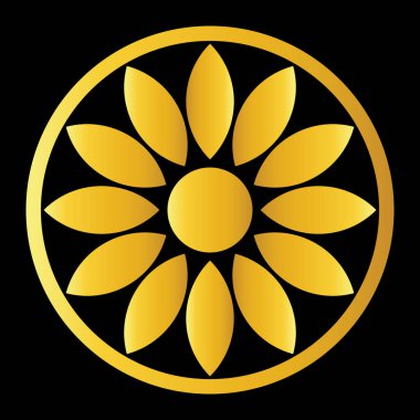 Altın renkli halkaları olan soyut bir çiçek logosunun vektör grafiği, siyah arkaplanda on numaralı desen.