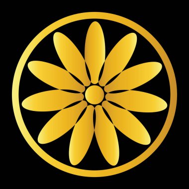 Altın renkli halkaları olan soyut bir çiçek logosunun vektör grafiği, siyah arkaplanda on numaralı desen.