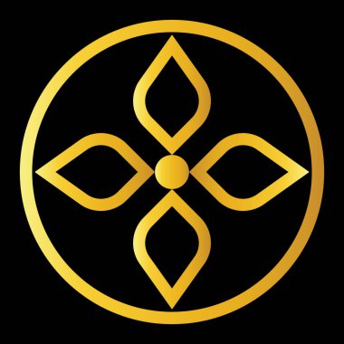 Altın renkli halkaları olan soyut bir çiçek logosunun vektör grafiği, siyah arkaplanda on numaralı desen.