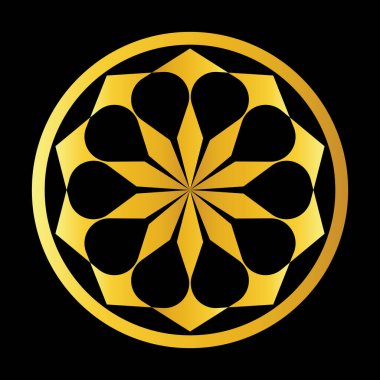 Altın renkli halkaları olan soyut bir çiçek logosunun vektör grafiği, siyah arkaplanda on numaralı desen.
