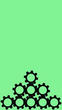 Dikey yeşil ekran üzerinde piramit oluşturan ve birleştiren siyah dişlilerin canlandırması
