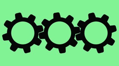 Yeşil ekranda birbirine bağlı ve dönen üç siyah dişli simgesinin canlandırması