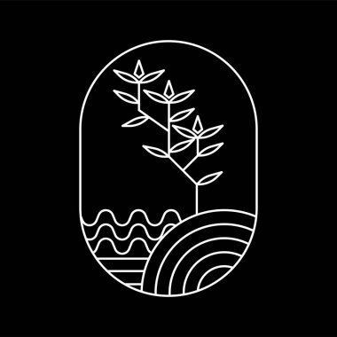 vektör logosu tasarımı bitki ve doğa temalı oval şekil beyaz çizgi sanat tarzı ve siyah arkaplan