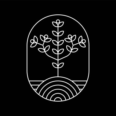 vektör logosu tasarımı bitki ve doğa temalı oval şekil beyaz çizgi sanat tarzı ve siyah arkaplan