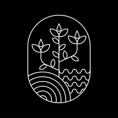 vektör logosu tasarımı bitki ve doğa temalı oval şekil beyaz çizgi sanat tarzı ve siyah arkaplan