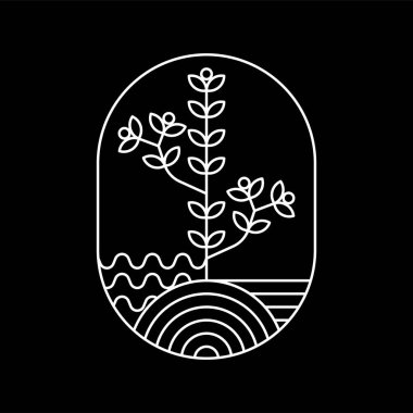 vektör logosu tasarımı bitki ve doğa temalı oval şekil beyaz çizgi sanat tarzı ve siyah arkaplan