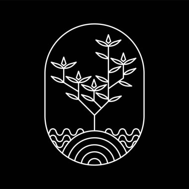vektör logosu tasarımı bitki ve doğa temalı oval şekil beyaz çizgi sanat tarzı ve siyah arkaplan