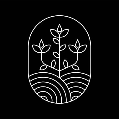 vektör logosu tasarımı bitki ve doğa temalı oval şekil beyaz çizgi sanat tarzı ve siyah arkaplan