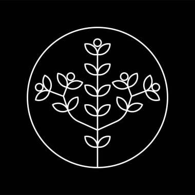 Beyaz çizgi sanat tarzı ve siyah arkaplan ile bitki iç dairesinin vektör logosu tasarımı
