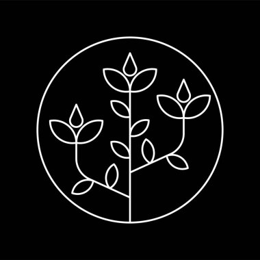 Beyaz çizgi sanat tarzı ve siyah arkaplan ile bitki iç dairesinin vektör logosu tasarımı