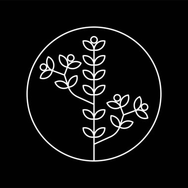 Beyaz çizgi sanat tarzı ve siyah arkaplan ile bitki iç dairesinin vektör logosu tasarımı