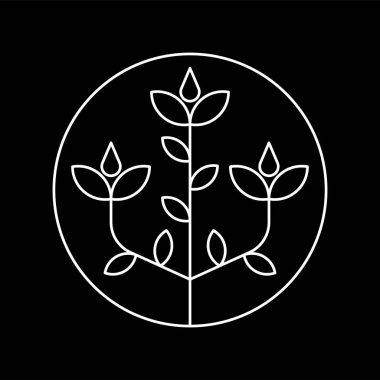 Beyaz çizgi sanat tarzı ve siyah arkaplan ile bitki iç dairesinin vektör logosu tasarımı