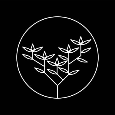 Beyaz çizgi sanat tarzı ve siyah arkaplan ile bitki iç dairesinin vektör logosu tasarımı