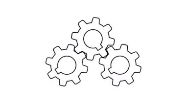 Teknoloji veya makineler için beyaz ekran üzerinde üç döner ve bağlı dişli çizgi sanat stili animasyonu