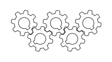 Teknoloji veya makineler için beyaz ekran üzerinde beş döner ve bağlı dişli çizgi sanat tarzı animasyonu