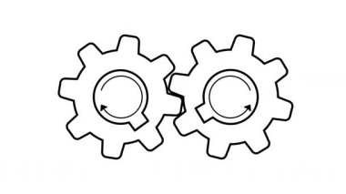 Teknoloji veya makineler için beyaz bir ekranda ok yönünde dönen iki dişlinin animasyonu
