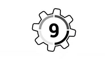 Bir makine teknolojisi teması için beyaz yatay ekran üzerinde dönen siyah çizgi sanat tarzıyla on geri sayım animasyonu