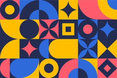 Geometrik model, Bauhaus tarzı. Basit elementlerle modern renkli arka plan. Temel geometrik şekilli ters doku. Yazdırma tasarımı, minimalist poster kapağı. Vektör illüstrasyonu