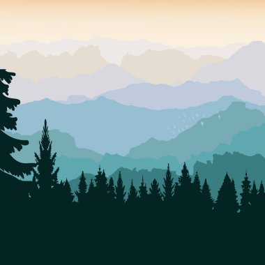 Vektör illüstrasyonu, güzel doğa, orman, dağlar, kuş sürüsü, sisli ve ormanlı dağ manzarası, dağlarda gün doğumu ve gün batımı resim, duvar kağıdı, kağıt üzerine baskı, vektör, manzara, tepeler, orman, gökyüzü, bulutlar, kuşlar.