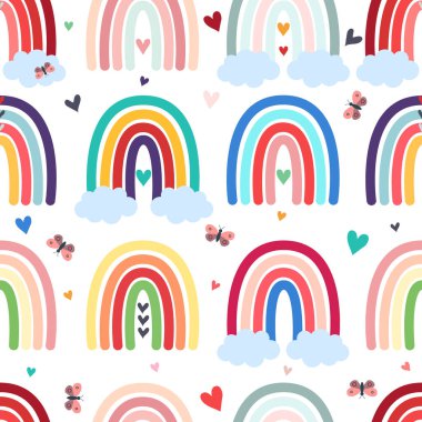 Kusursuz desen, Gökkuşağı, Kalpler, Kelebek bulutları, Yazdırma, Resim, kusursuz desen, vektör, gökkuşağı, arka plan, dekorasyon, desen, baskı, tekstil, kalpler, şirin, düz tasarım, fantezi, mutluluk, soyut, renk resmi, ev dekorasyonu