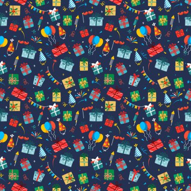 Tatil, kusursuz şablon, illüstrasyon, vektör, hediyeler, havai fişekler, toplar, şapkalar, koyu mavi arka plan, çelenkler, hediye, havai fişekler, kutlama, kurdele, bayram, Noel, neşeli parti, mutlu, festival, şapka, maske, doğum günü balonu.