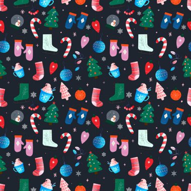 Kusursuz desen, Yeni Yıl, Noel süslemeleri, illüstrasyon, vektör, kutlama, Noel, süsleme, kış, şen, yeni yıl, ambalaj, kar tanesi, tekstil, oyuncak, ambalaj, noel süsü, Noel ağacı, çelenk, yıl, yeni, kağıt