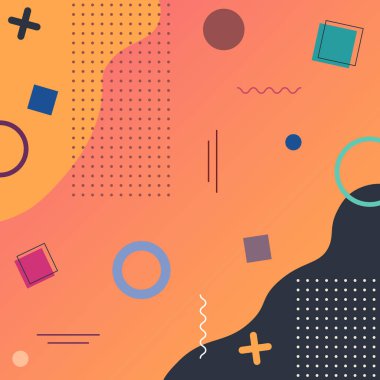 Memphis tarzı arka plan, yaratıcı renkli kapak veya modaya uygun minimum geometrik tarzda poster, arka plan, kurumsal kimlik, markalaşma, sosyal medya reklamcılığı, tanıtım için. Dinamik şekilli modern şablon, arka plan, soyut, resimleme