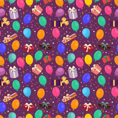 Parti balonları, konfeti ve mor arka planda hediye kutuları, kusursuz desen, parti için baskı, doğum günü, illüstrasyon, vektör