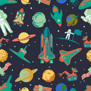 Uzay, gezegenler, uydular, uzay gemileri, astronotlar, kusursuz desen, çocuk arkaplanı, çizgi film tarzında vektör çizimi, kumaş, giysi, ambalaj kağıdı, çocuk duvar kağıdı baskısı için