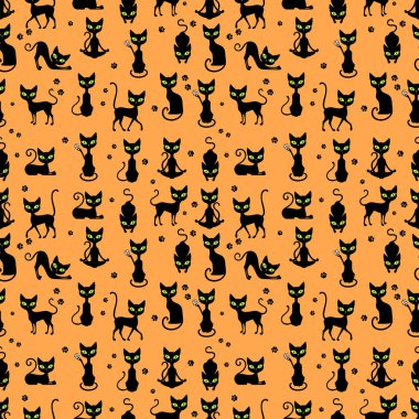 Kara kedi, kusursuz desen, sarı arkaplan, baskı, kağıt, kumaş, duvar kağıdı, tekstil, illüstrasyon, vektör