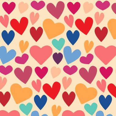 Kalpler, renkli kalpler, kusursuz desen, baskı, ambalaj kağıdı, kumaş, tekstil, kapak, tasarım, illüstrasyon, vektör