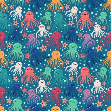 Sualtı kardeşliği, komik denizanası, tatlı denizanası, deniz dünyası, çocuk baskısı, kağıt, kumaş, tekstil, illüstrasyon, vektör için kusursuz şablon.