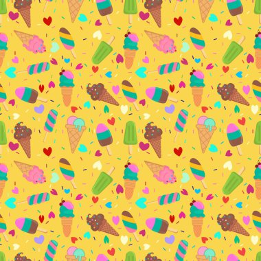 Dondurma, kalp, aşk dondurması, kusursuz desen, baskı, tekstil, menü, çizim, çikolata, dondurma, vektör, pembe, lezzetli, tatlı, yemek, kalp, buz, kiraz, krema